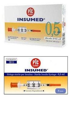 SIRINGA PER INSULINA PIC INSUMED 0,5 ML 100 UI AGO GAUGE 30 LUNGHEZZA 8 MM SENZA SPAZIO MORTO 3 SACCHETTI DA 10 PEZZI - Farmadott.it