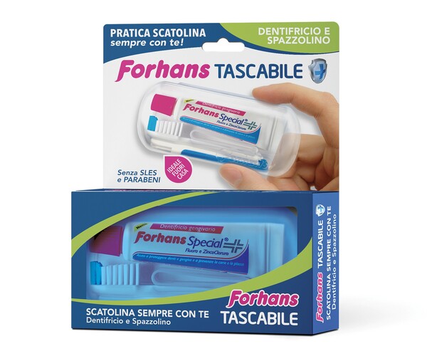 FORHANS TRAVEL KIT TASCABILE COMPOSTO DA SPAZZOLINO DA VIAGGIO + FORHANS SPECIAL PASTA DENTIFRICIA TUBETTO 12,5 ML - Farmadott.it