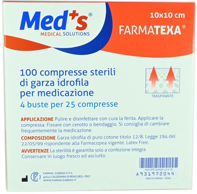 GARZA COMPRESSA IDROFILA MEDS FARMATEXA 2/8 10X10CM 100 PEZZI - Farmadott.it