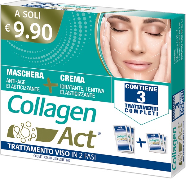COLLAGEN ACT TRATTAMENTO VISO 2 FASI MASCHERA ANTI AGE ELASTICIZZANTE 3 PEZZI DA 15 ML + CREMA IDRATANTE LENITIVA ELASTICIZZANTE 3 PEZZI DA 5 ML - Farmadott.it