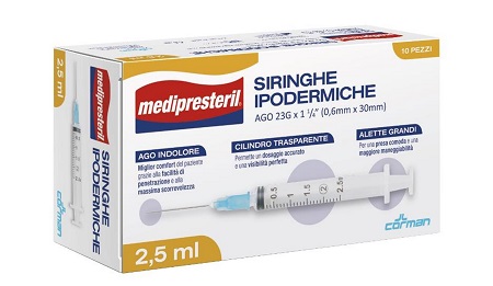 SIRINGA IPODERMICA MEDIPRESTERIL AGO 23 GAUGE 1 1/4 0,6X30MM 2,5 ML 10 PEZZI - Farmadott.it