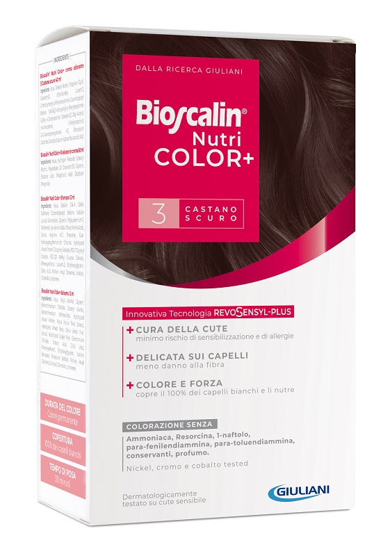 BIOSCALIN NUTRICOLOR PLUS 3 CASTANO SCURO CREMA COLORANTE 40 ML + RIVELATORE CREMA 60 ML + SHAMPOO 12 ML + TRATTAMENTO FINALE BALSAMO 12 ML - Farmadott.it