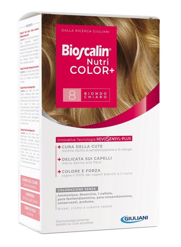 BIOSCALIN NUTRICOLOR PLUS 8 BIONDO CHIARO CREMA COLORANTE 40 ML + RIVELATORE CREMA 60 ML + SHAMPOO 12 ML + TRATTAMENTO FINALE BALSAMO 12 ML - Farmadott.it